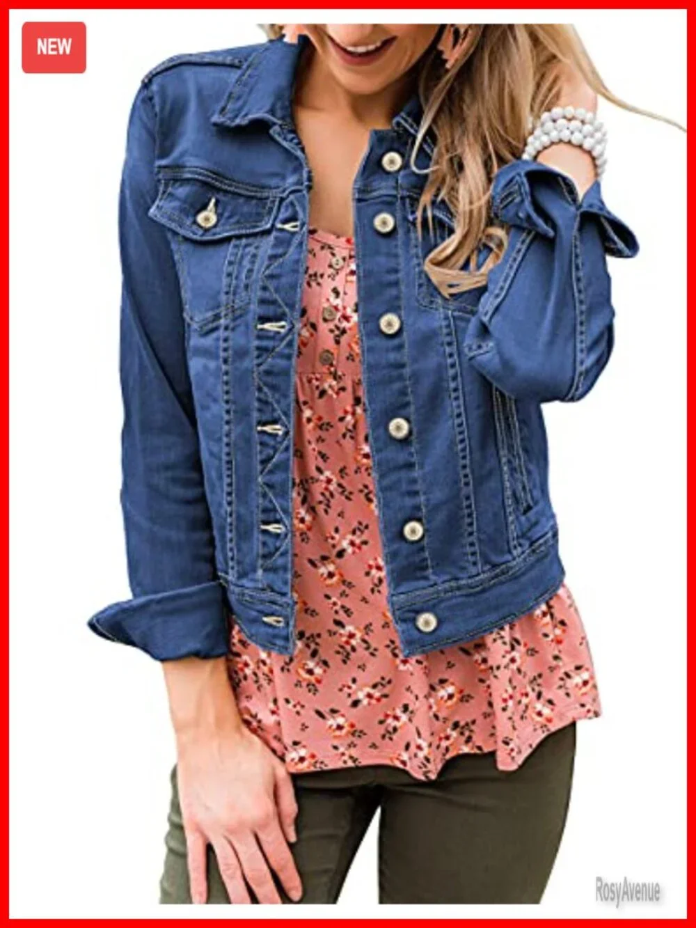 Stretch Button Down Long Sleeve Denim Trucker Jacket with Pockets